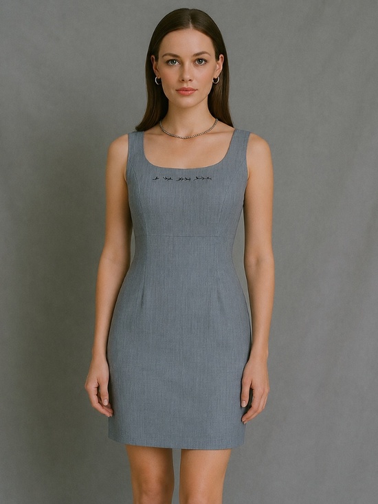 Vintage Dresses & Skirts - 90s Mini Dress Grey Suzy Petites Pencil Embroidery Size 6 Formal